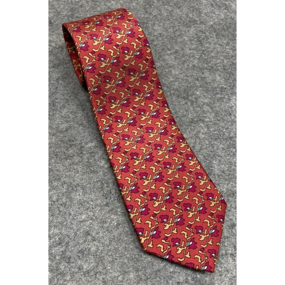 Hermes Paris Tie Mens Silk Necktie Orange Red Yellow Floral Abstract France